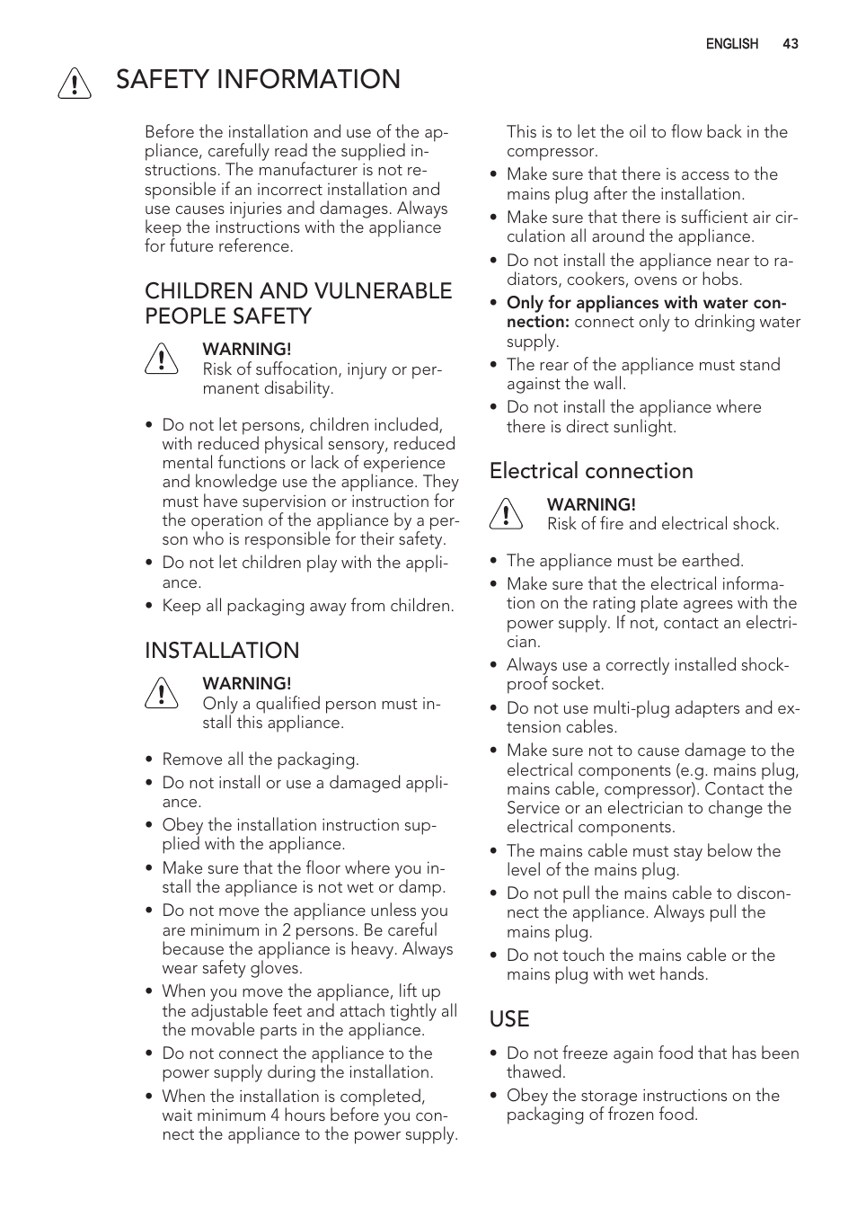 Safety information, Children and vulnerable people safety, Installation | Electrical connection | AEG S56090XNS1 User Manual | Page 43 / 200