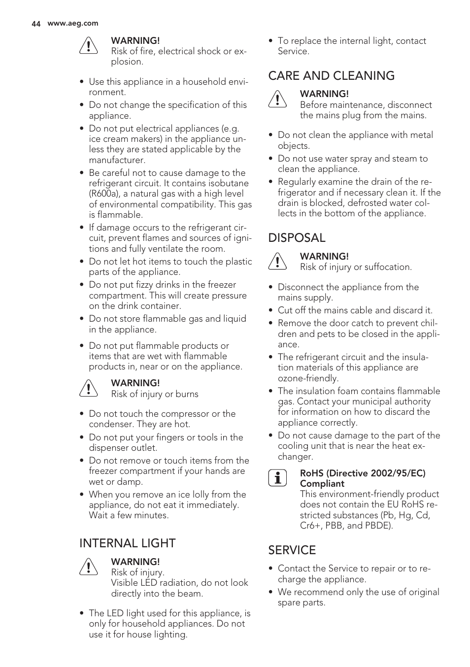Internal light, Care and cleaning, Disposal | Service | AEG S56090XNS1 User Manual | Page 44 / 200