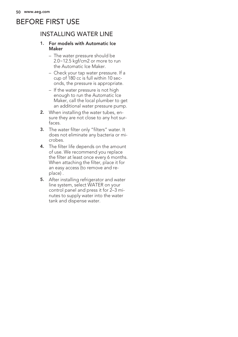 Before first use, Installing water line | AEG S56090XNS1 User Manual | Page 50 / 200