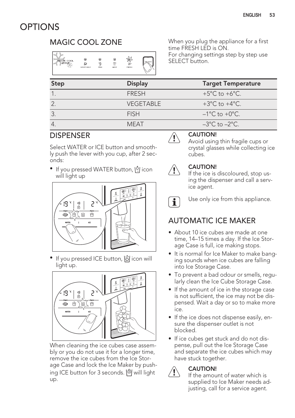 Options, Magic cool zone, Dispenser | Automatic ice maker | AEG S56090XNS1 User Manual | Page 53 / 200