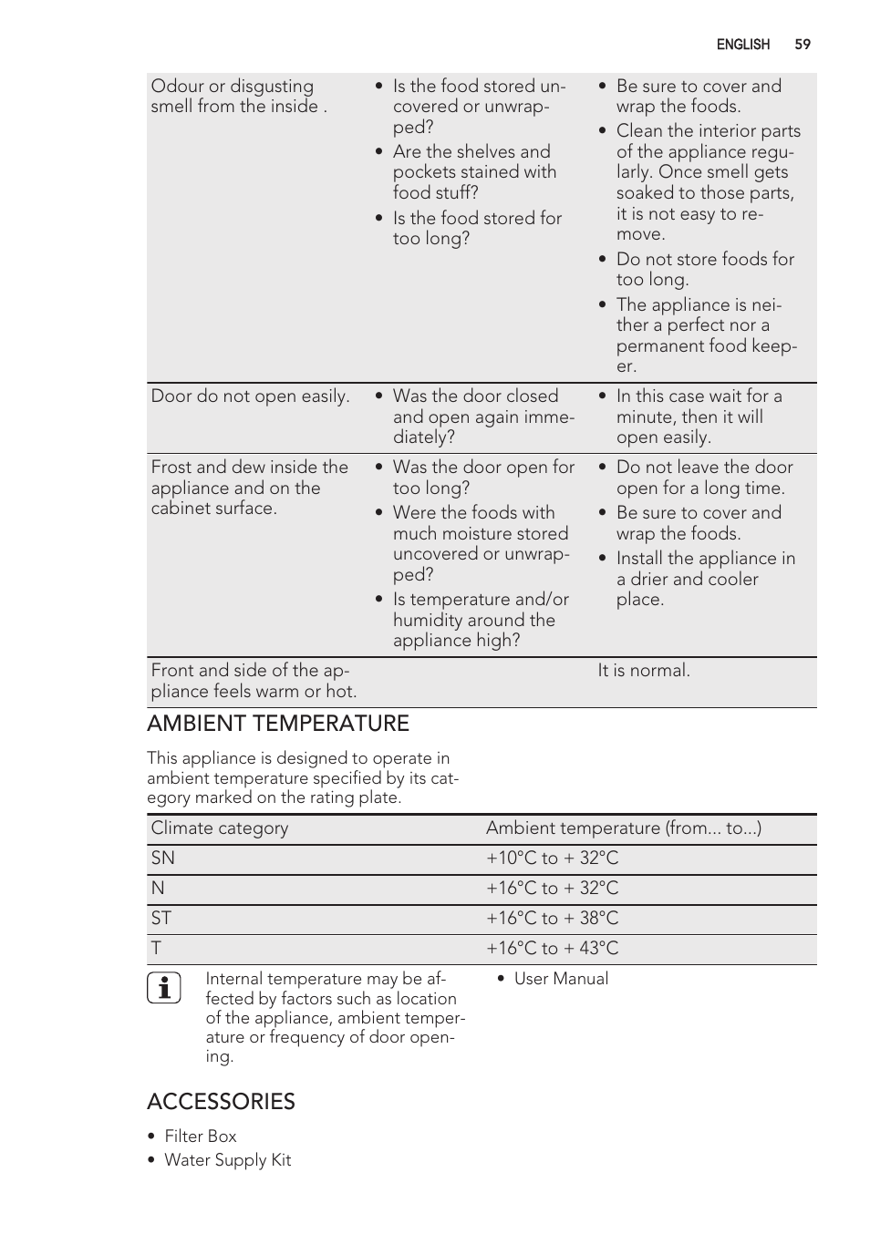 Ambient temperature, Accessories | AEG S56090XNS1 User Manual | Page 59 / 200