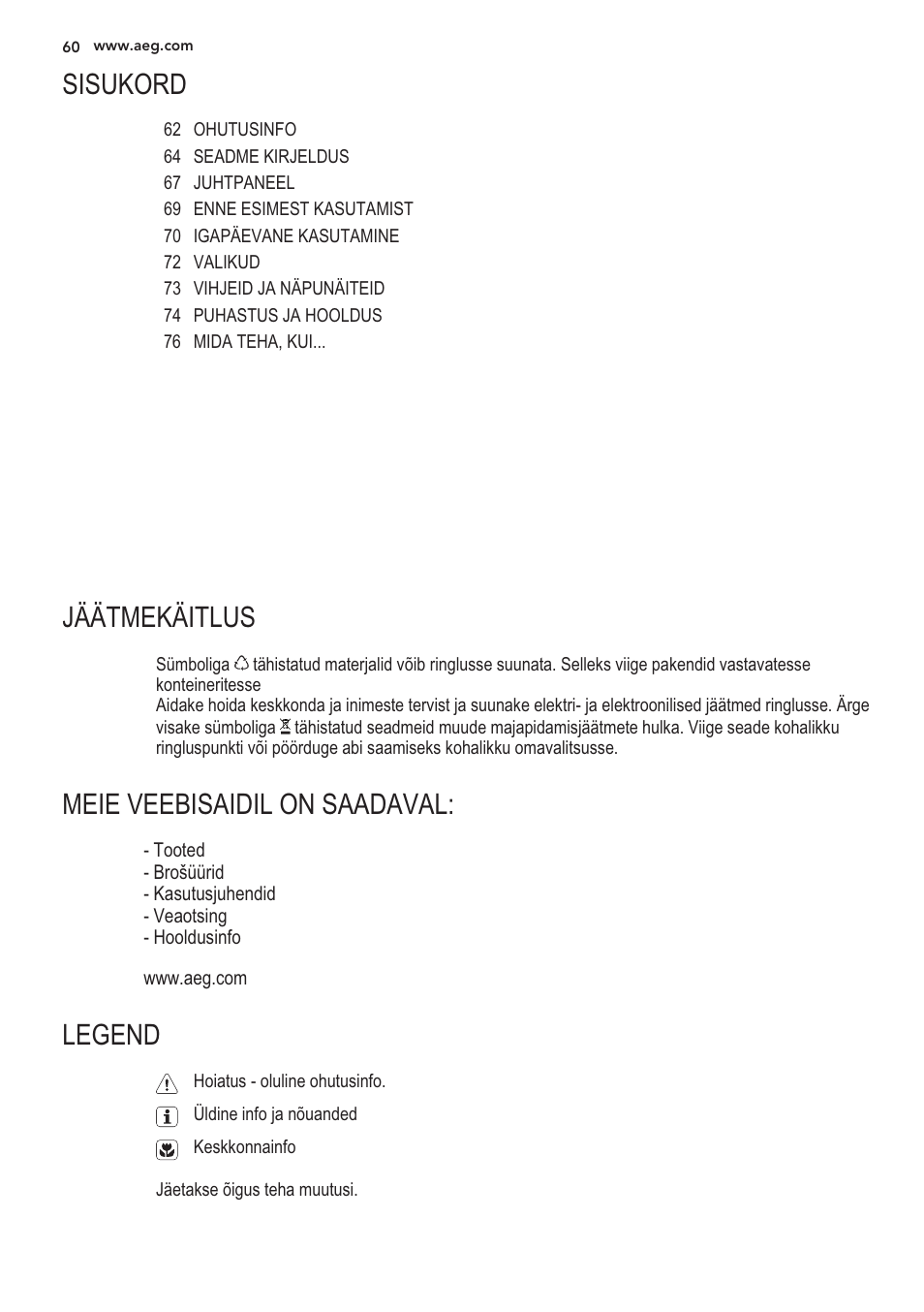 Sisukord, Jaatmekaitlus, Meie veebisaidil on saadaval | Legend | AEG S56090XNS1 User Manual | Page 60 / 200