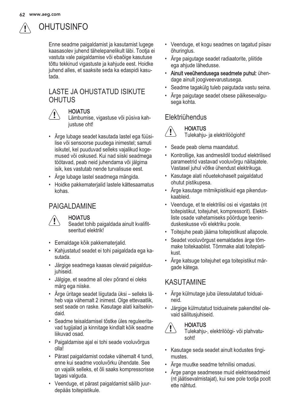 Í\ ohutusinfo, Hoiatus | AEG S56090XNS1 User Manual | Page 62 / 200