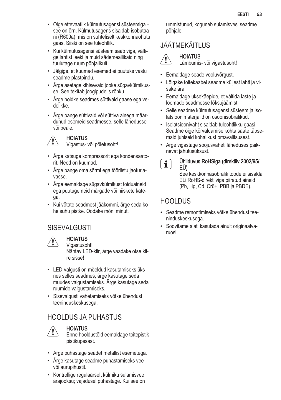 Hoiatus | AEG S56090XNS1 User Manual | Page 63 / 200