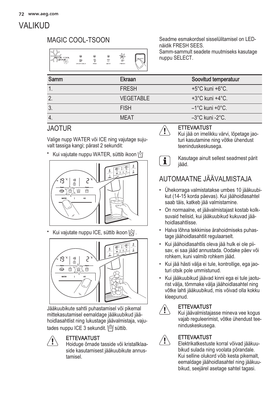 Valikud | AEG S56090XNS1 User Manual | Page 72 / 200