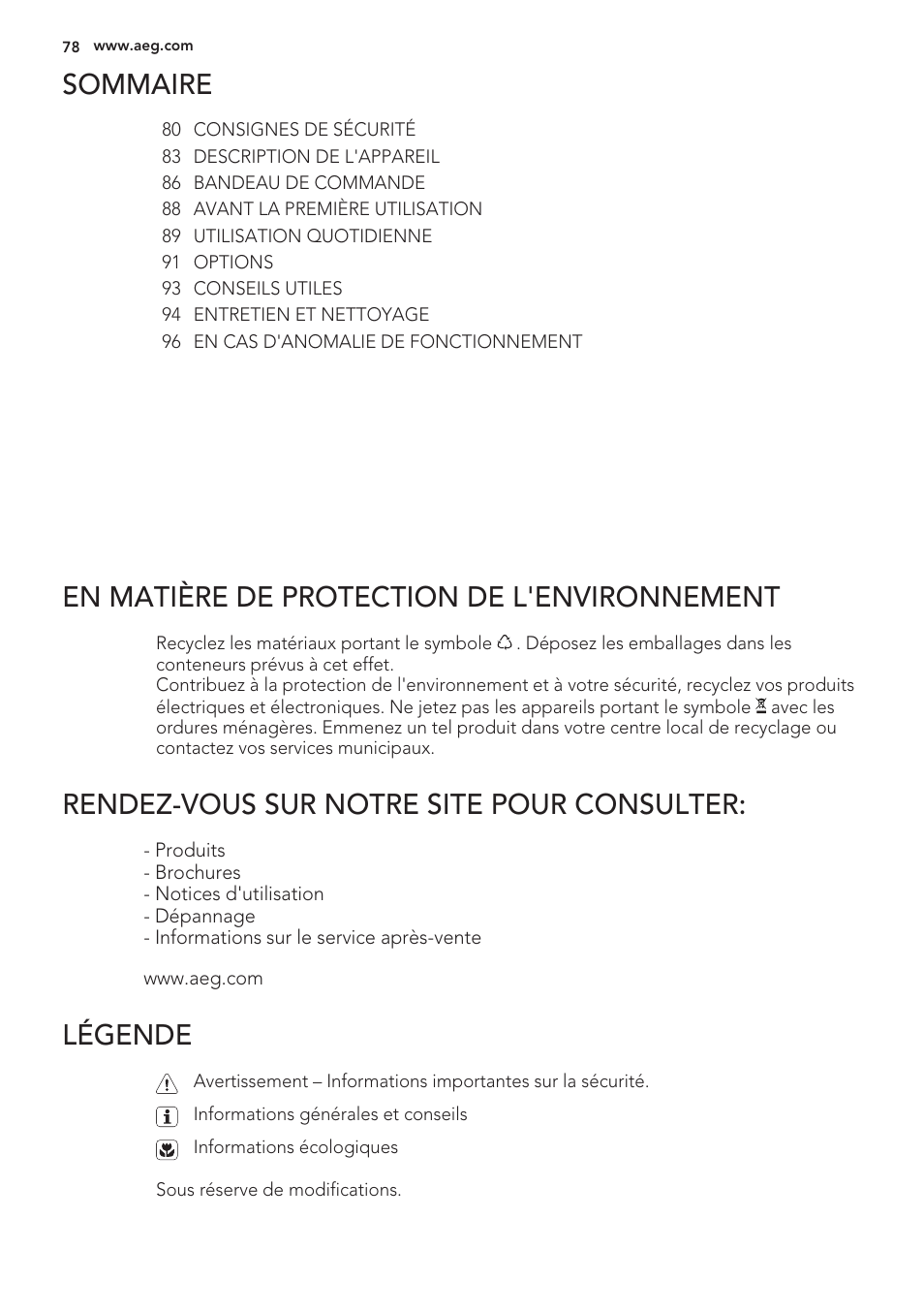 Sommaire, En matière de protection de l'environnement, Rendez-vous sur notre site pour consulter | Légende | AEG S56090XNS1 User Manual | Page 78 / 200