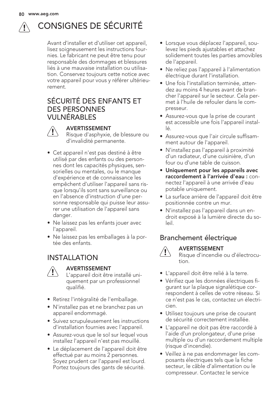 F\ consignes de sécurité, Sécurité des enfants et des personnes vulnérables, Installation | Branchement électrique | AEG S56090XNS1 User Manual | Page 80 / 200