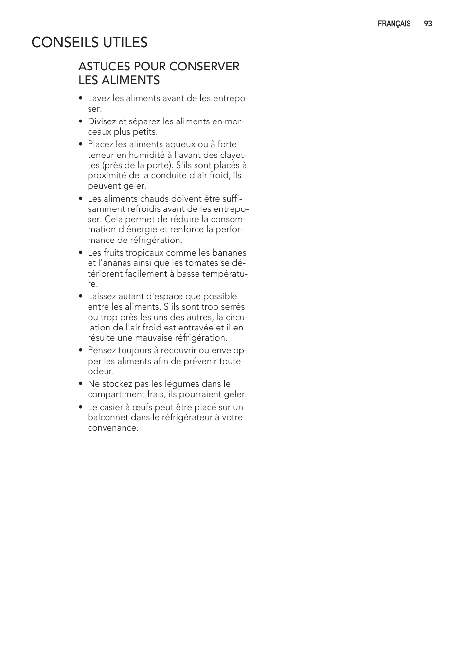 Conseils utiles, Astuces pour conserver les aliments | AEG S56090XNS1 User Manual | Page 93 / 200