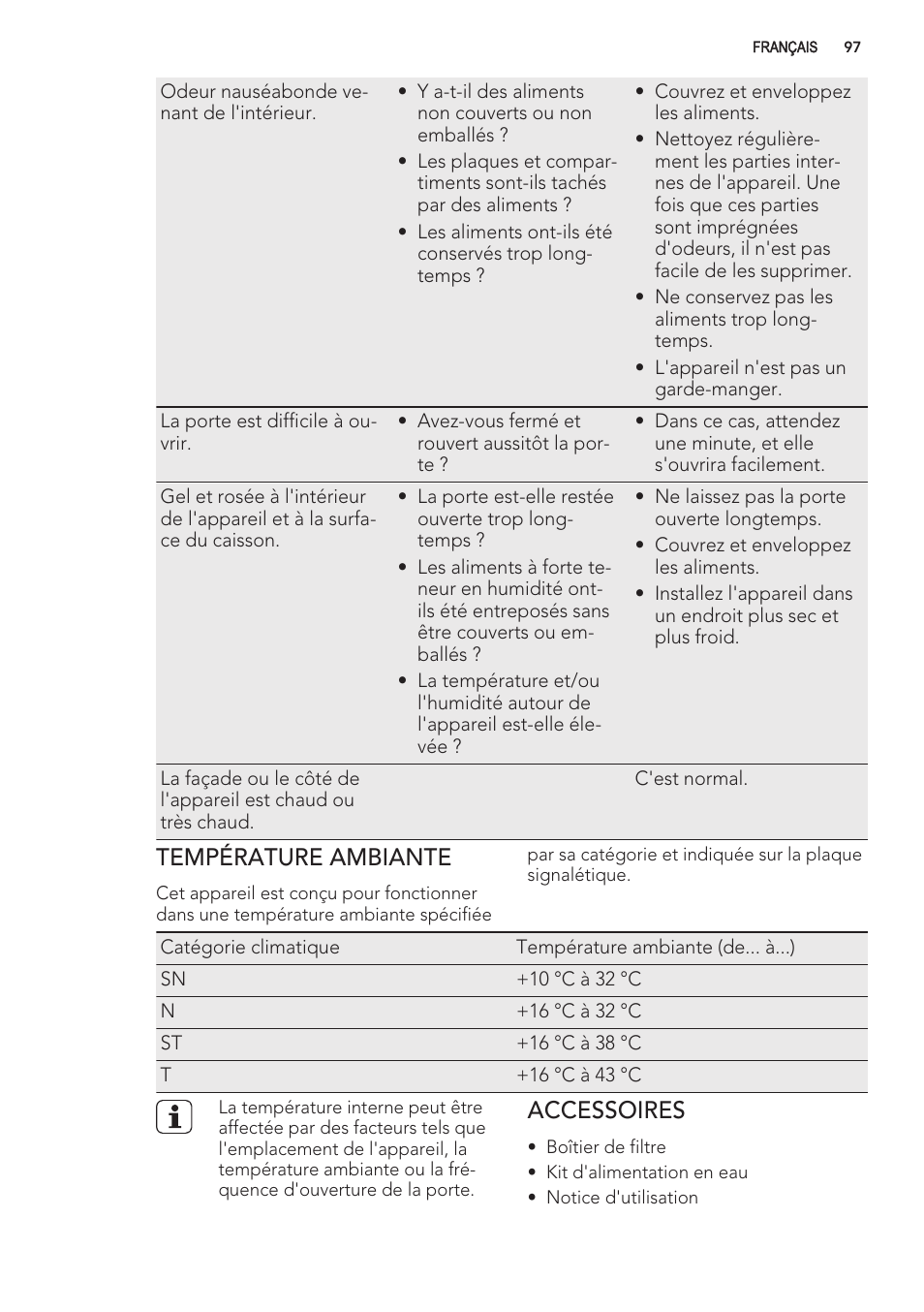 Température ambiante, Accessoires | AEG S56090XNS1 User Manual | Page 97 / 200