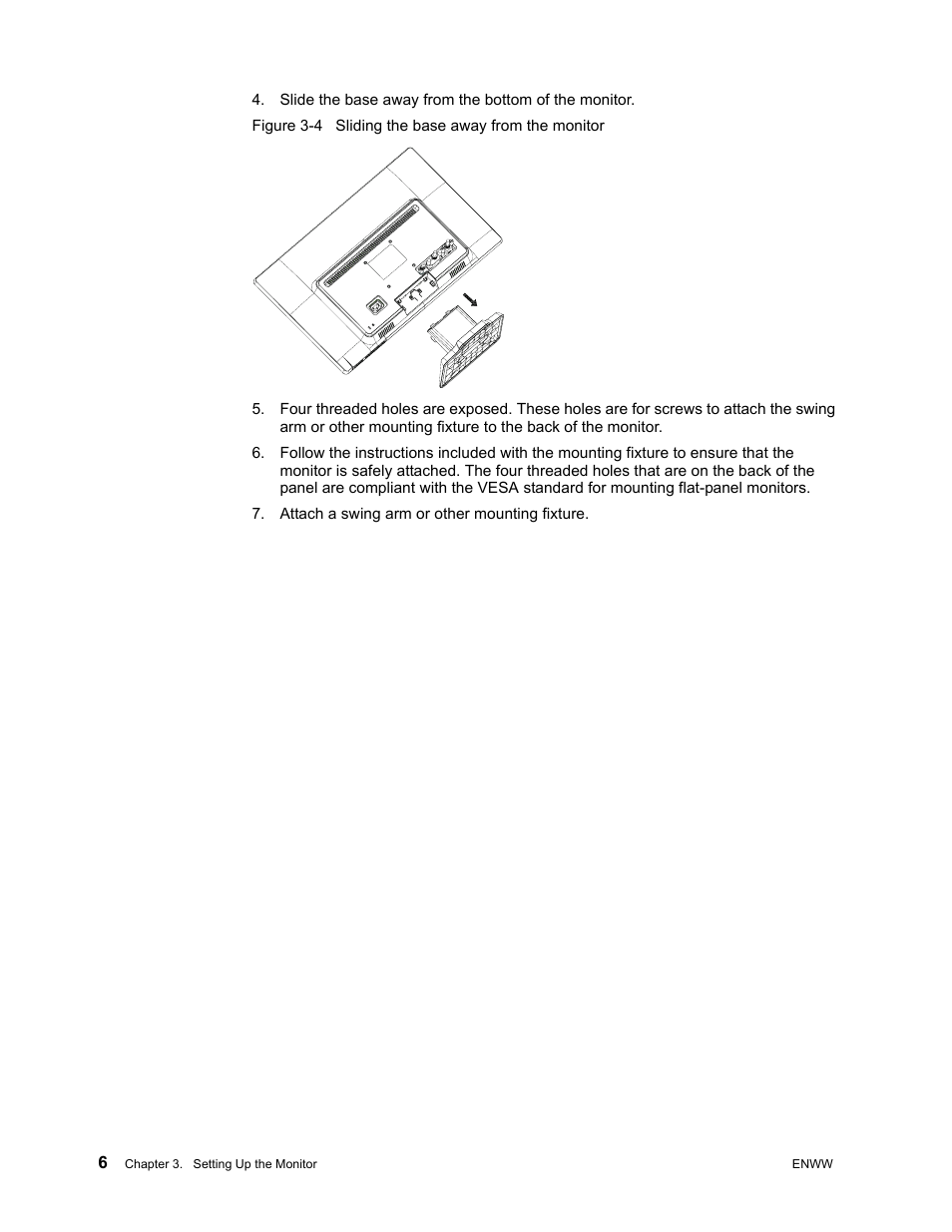 Slide the base away from the bottom of the monitor, Attach a swing arm or other mounting fixture | HP V191 18.5-inch LED Backlit LCD Monitor User Manual | Page 12 / 35