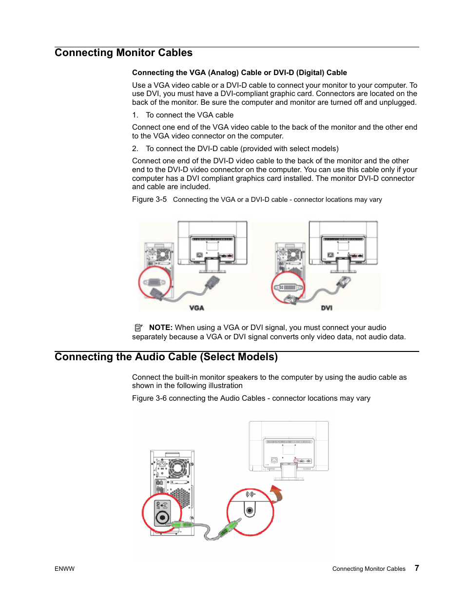 Connecting monitor cables, To connect the vga cable, Connecting the audio cable (select models) | HP V191 18.5-inch LED Backlit LCD Monitor User Manual | Page 13 / 35