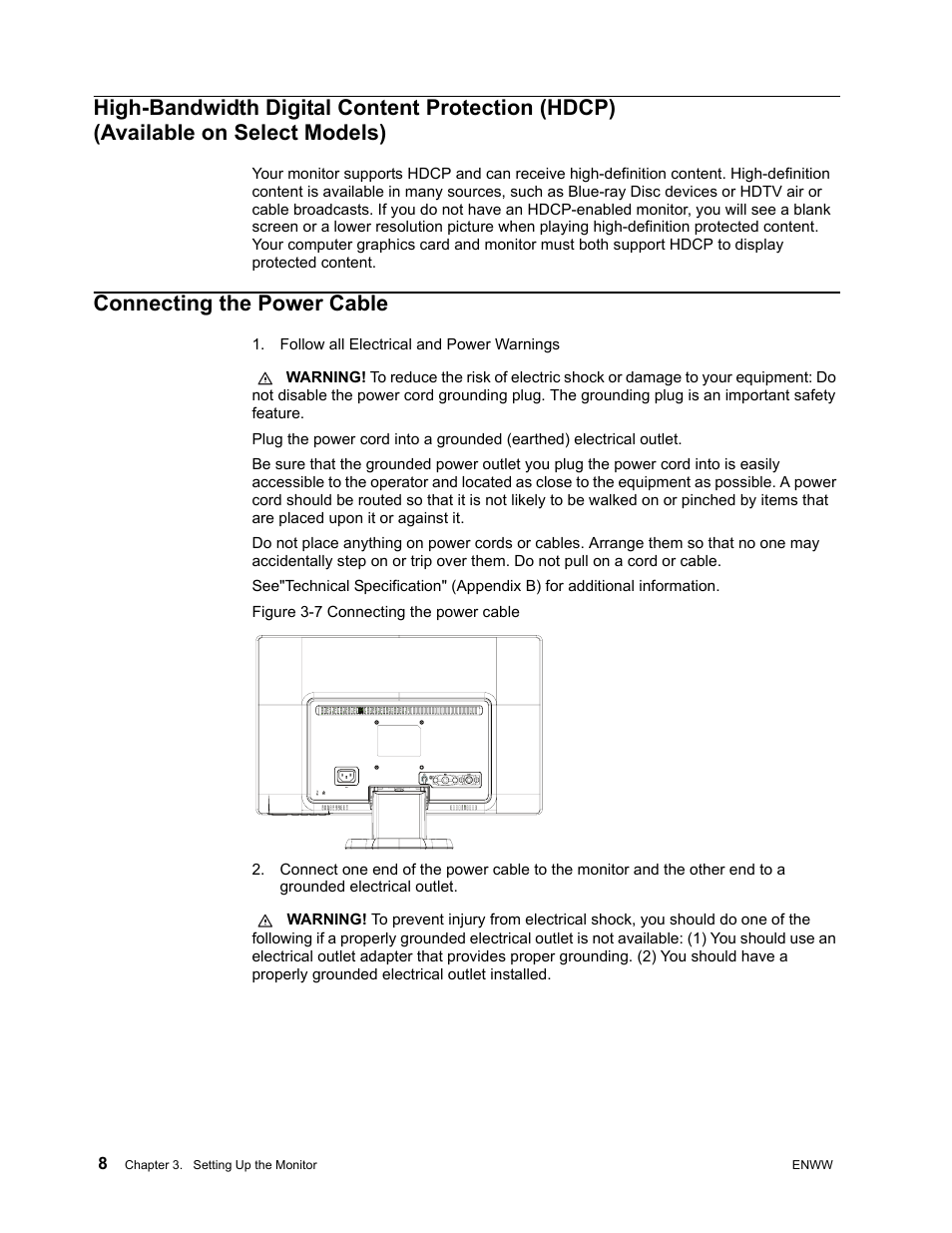 Connecting the power cable, Follow all electrical and power warnings, High-bandwidth digital content protection (hdcp) | Available on select models) | HP V191 18.5-inch LED Backlit LCD Monitor User Manual | Page 14 / 35