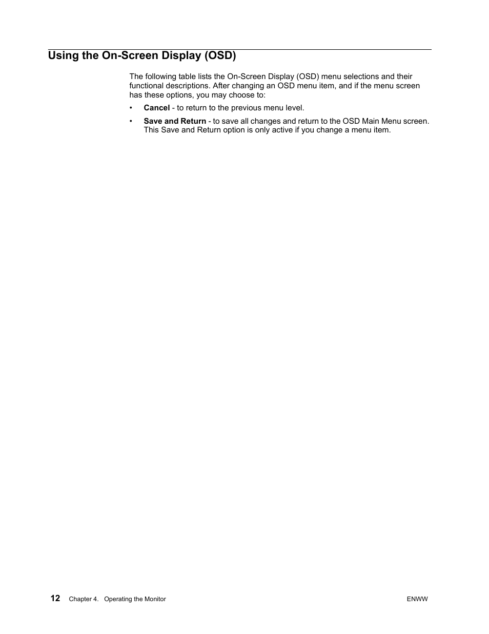 Using the on-screen display (osd), Cancel - to return to the previous menu level | HP V191 18.5-inch LED Backlit LCD Monitor User Manual | Page 18 / 35