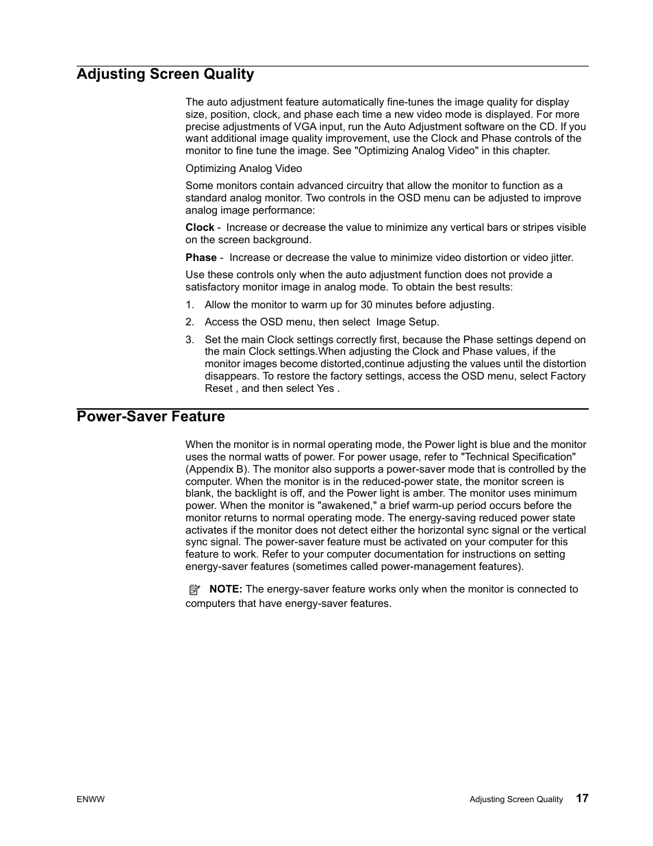 Adjusting screen quality, Access the osd menu, then select image setup, Power-saver feature | HP V191 18.5-inch LED Backlit LCD Monitor User Manual | Page 23 / 35