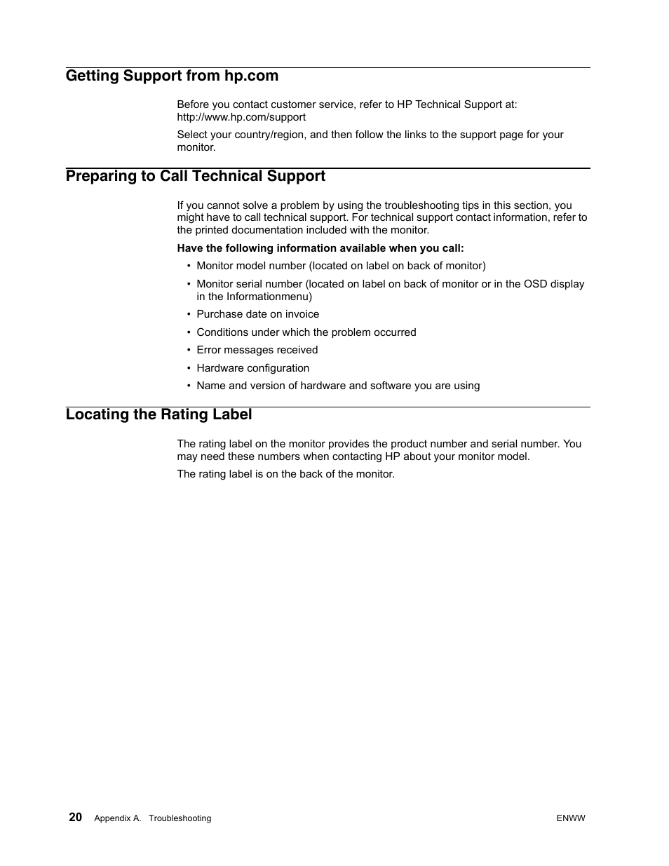 Getting support from hp.com, Preparing to call technical support, Purchase date on invoice | Conditions under which the problem occurred, Error messages received, Hardware configuration, Locating the rating label | HP V191 18.5-inch LED Backlit LCD Monitor User Manual | Page 26 / 35