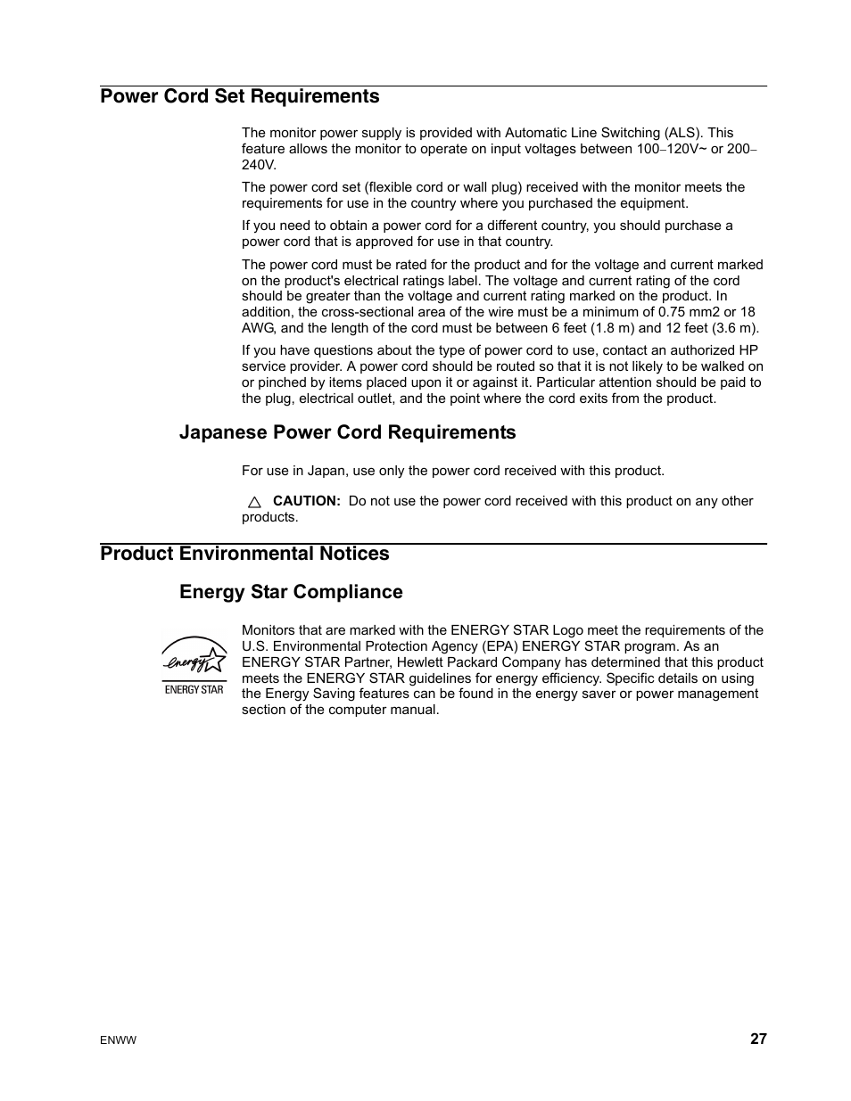 Power cord set requirements, Japanese power cord requirements, Product environmental notices | Energy star compliance | HP V191 18.5-inch LED Backlit LCD Monitor User Manual | Page 33 / 35