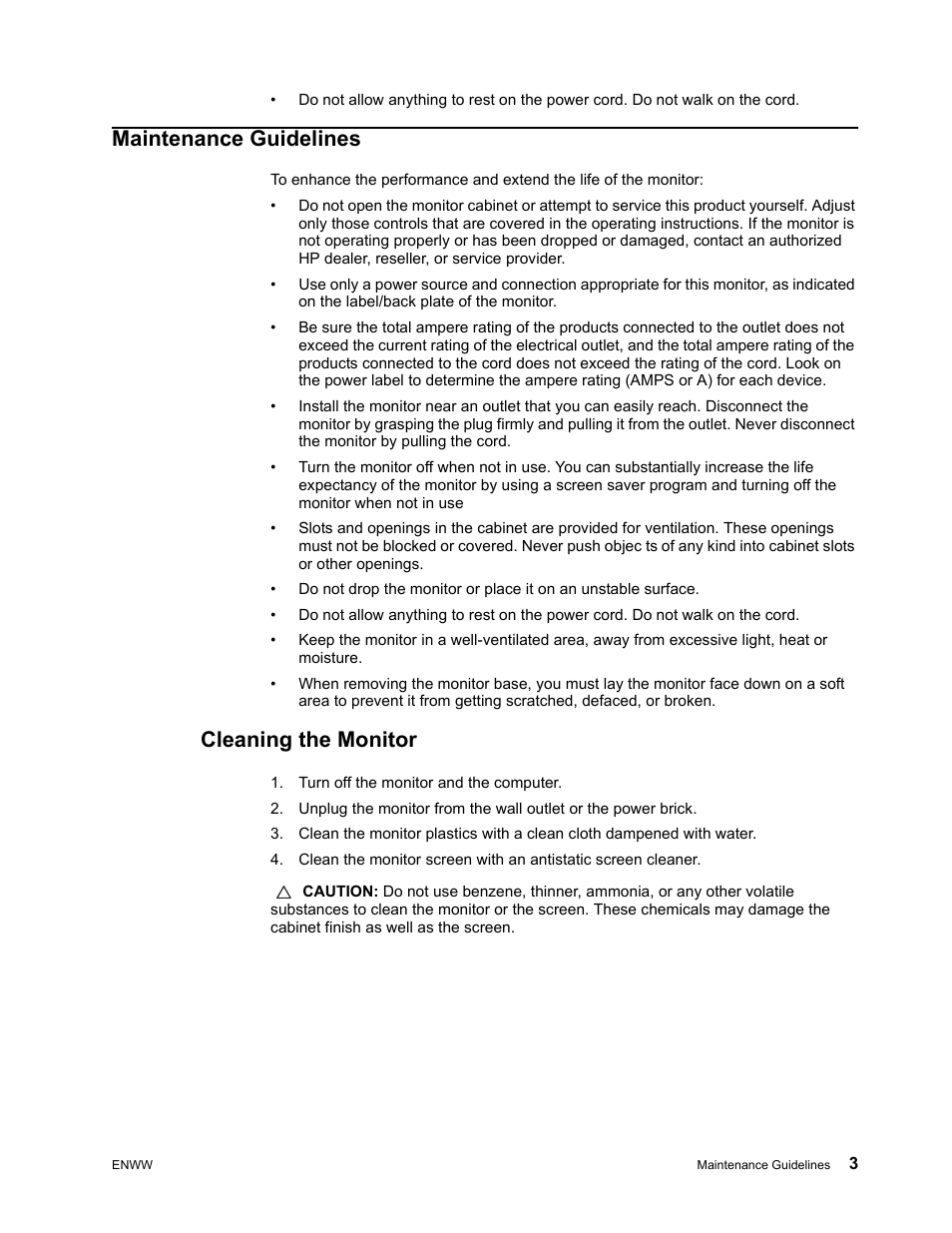 Maintenance guidelines, Cleaning the monitor, Turn off the monitor and the computer | HP V191 18.5-inch LED Backlit LCD Monitor User Manual | Page 9 / 35