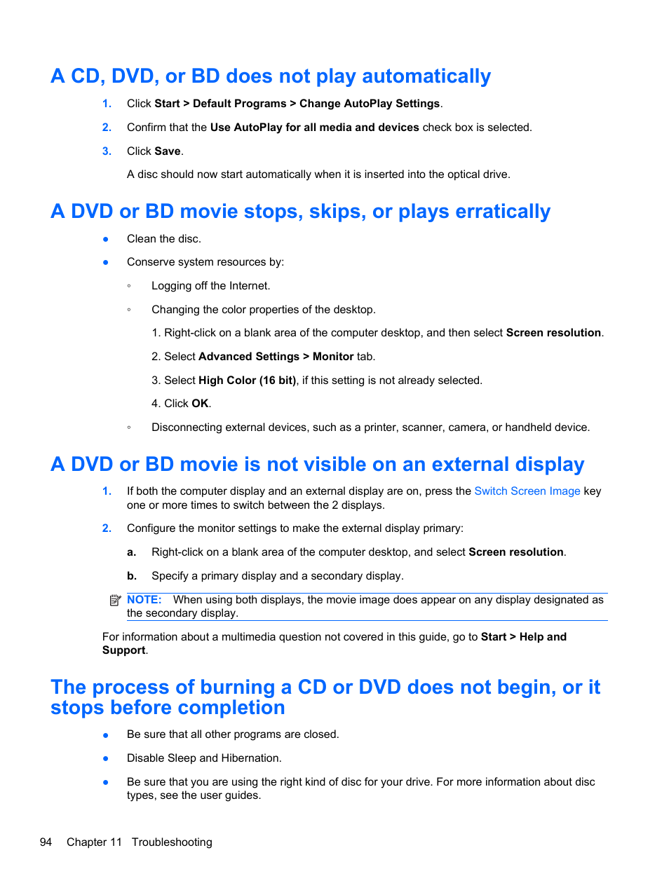 A cd, dvd, or bd does not play automatically | HP Pavilion dv6-4051nr Entertainment Notebook PC User Manual | Page 100 / 107