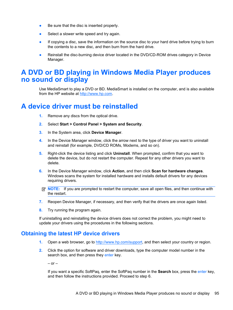 A device driver must be reinstalled, Obtaining the latest hp device drivers | HP Pavilion dv6-4051nr Entertainment Notebook PC User Manual | Page 101 / 107