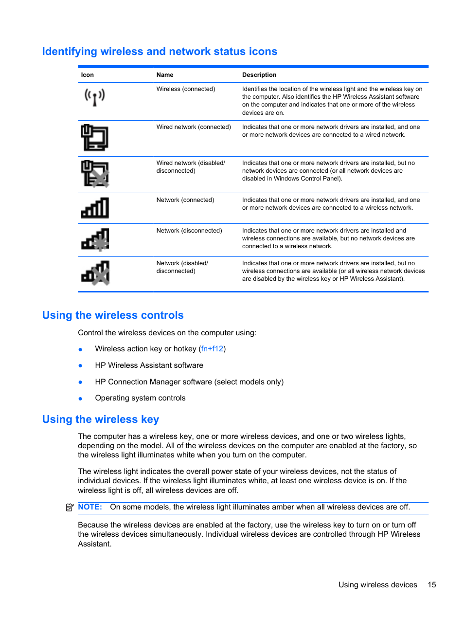 Identifying wireless and network status icons, Using the wireless controls, Using the wireless key | HP Pavilion dv6-4051nr Entertainment Notebook PC User Manual | Page 21 / 107