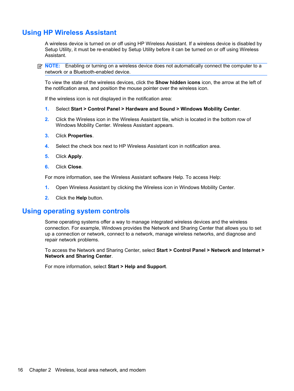 Using hp wireless assistant, Using operating system controls | HP Pavilion dv6-4051nr Entertainment Notebook PC User Manual | Page 22 / 107