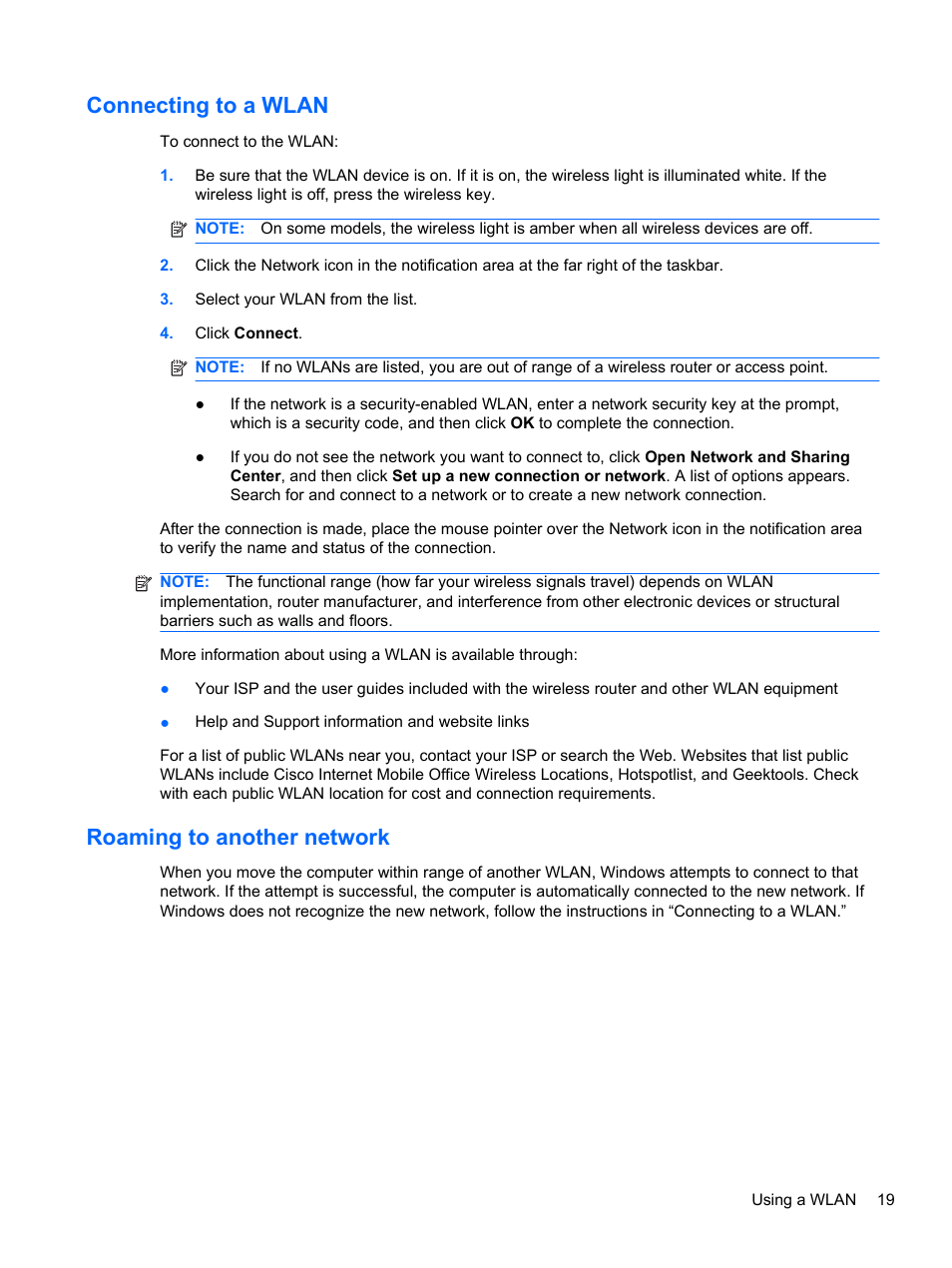 Connecting to a wlan, Roaming to another network | HP Pavilion dv6-4051nr Entertainment Notebook PC User Manual | Page 25 / 107