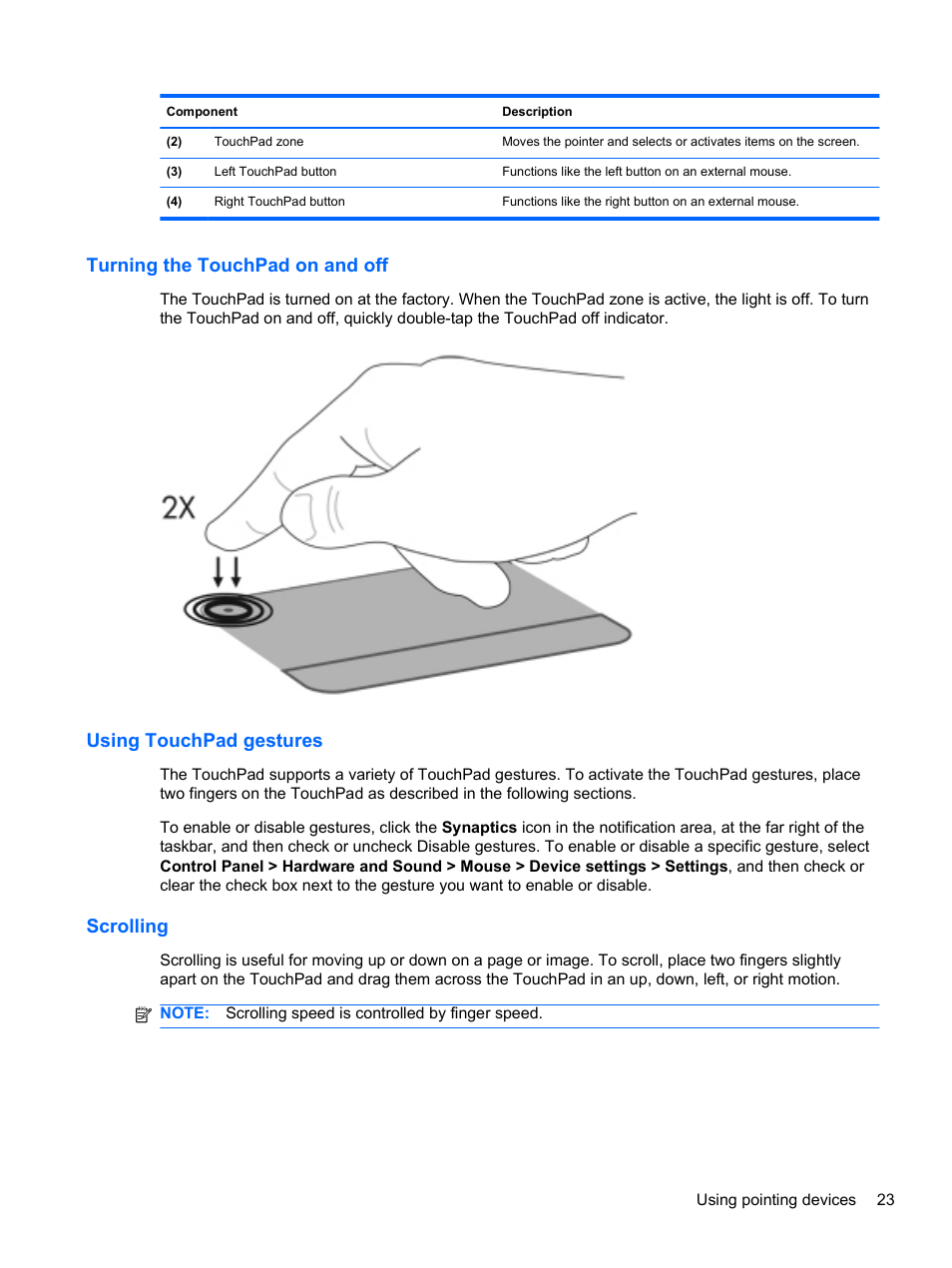 Turning the touchpad on and off, Using touchpad gestures, Scrolling | HP Pavilion dv6-4051nr Entertainment Notebook PC User Manual | Page 29 / 107