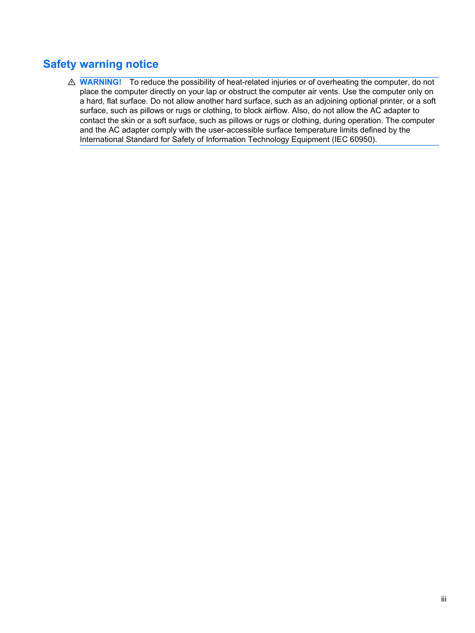 Safety warning notice | HP Pavilion dv6-4051nr Entertainment Notebook PC User Manual | Page 3 / 107