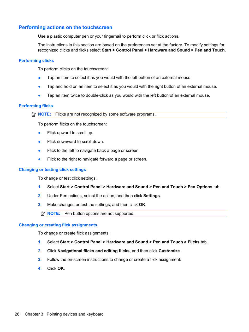 Performing actions on the touchscreen, Performing clicks, Performing flicks | Changing or testing click settings, Changing or creating flick assignments | HP Pavilion dv6-4051nr Entertainment Notebook PC User Manual | Page 32 / 107
