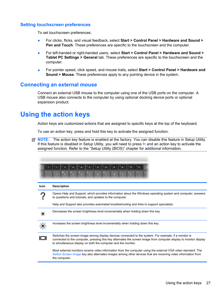 Setting touchscreen preferences, Connecting an external mouse, Using the action keys | HP Pavilion dv6-4051nr Entertainment Notebook PC User Manual | Page 33 / 107
