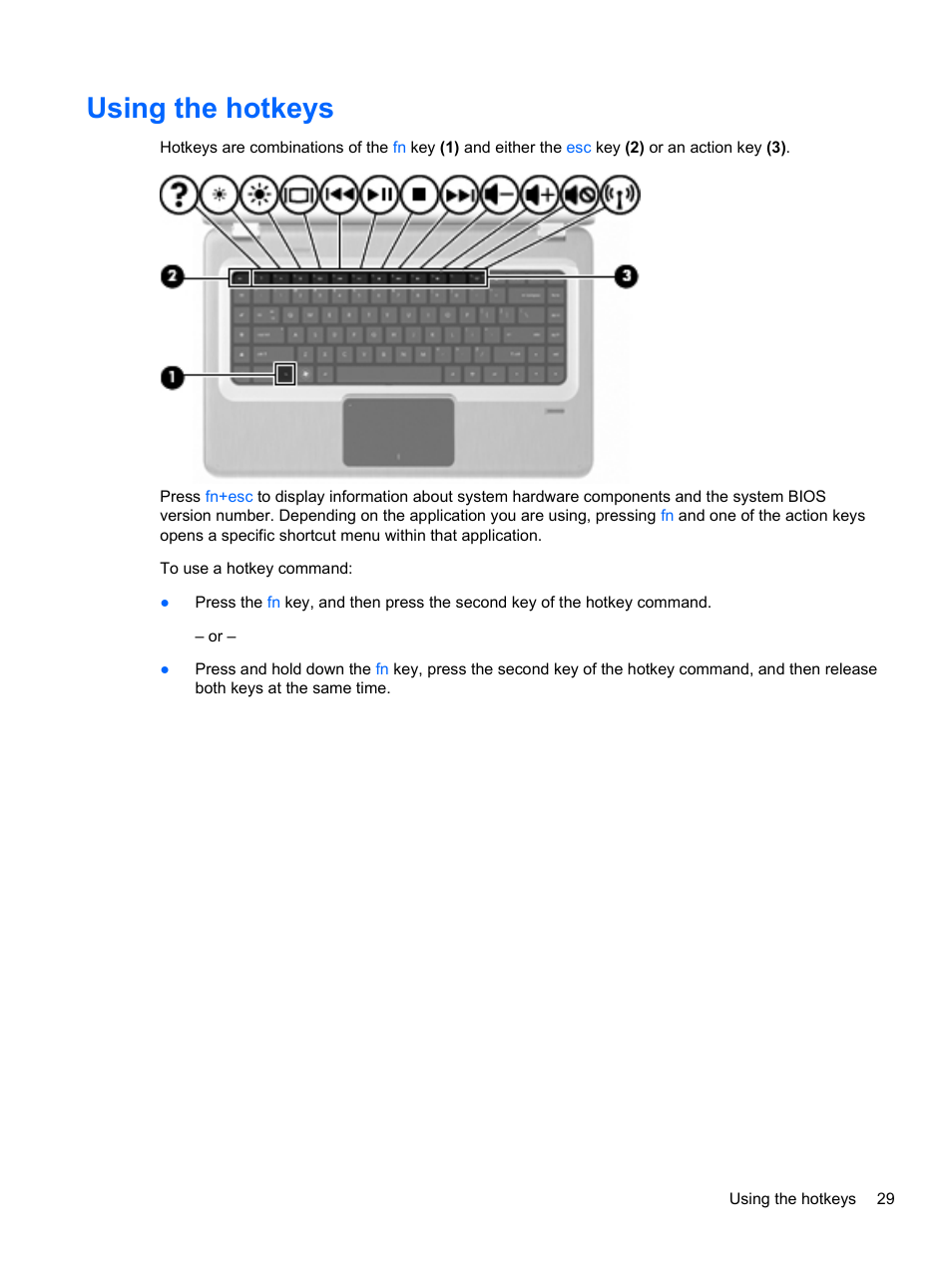 Using the hotkeys | HP Pavilion dv6-4051nr Entertainment Notebook PC User Manual | Page 35 / 107