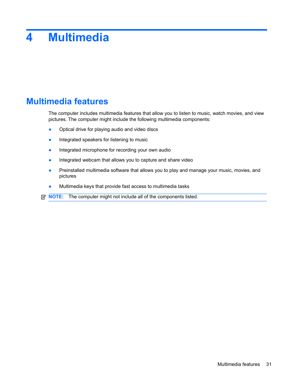Multimedia, Multimedia features, 4multimedia | HP Pavilion dv6-4051nr Entertainment Notebook PC User Manual | Page 37 / 107