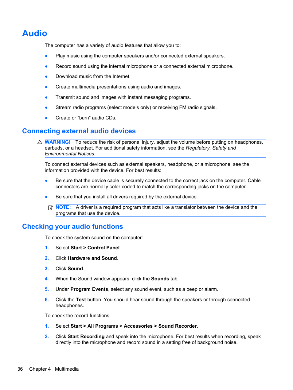 Audio, Connecting external audio devices, Checking your audio functions | HP Pavilion dv6-4051nr Entertainment Notebook PC User Manual | Page 42 / 107
