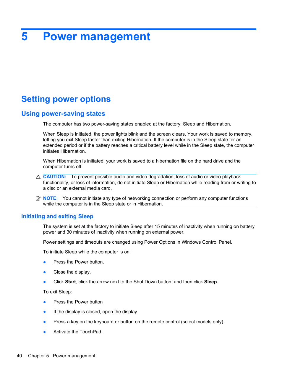 Power management, Setting power options, Using power-saving states | Initiating and exiting sleep, 5power management | HP Pavilion dv6-4051nr Entertainment Notebook PC User Manual | Page 46 / 107