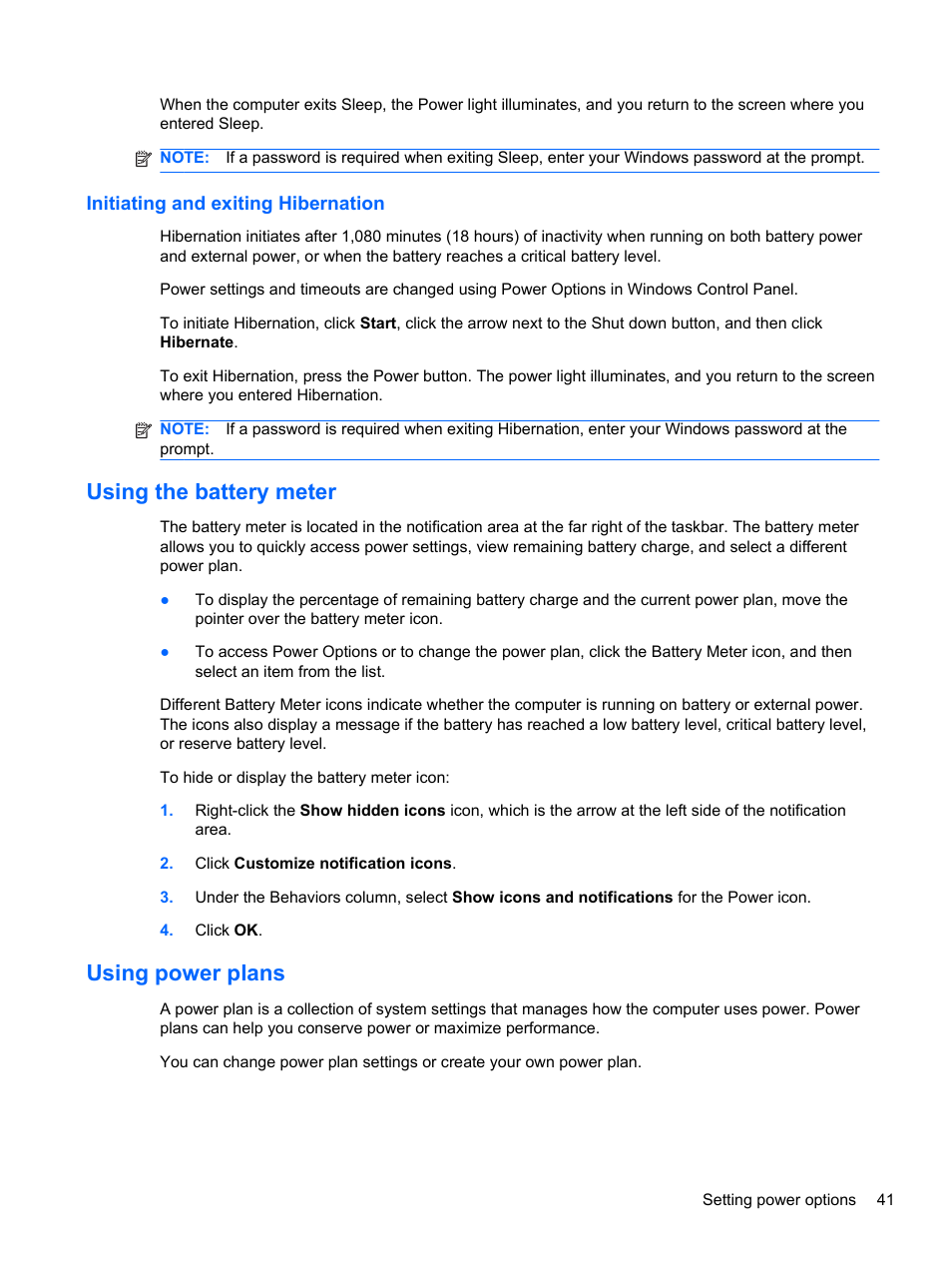 Initiating and exiting hibernation, Using the battery meter, Using power plans | HP Pavilion dv6-4051nr Entertainment Notebook PC User Manual | Page 47 / 107