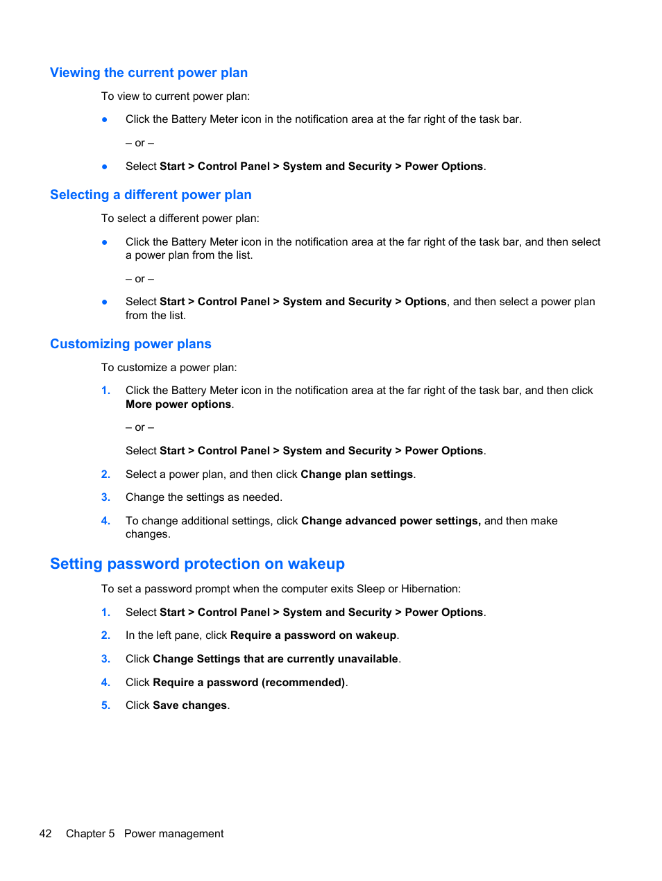 Viewing the current power plan, Selecting a different power plan, Customizing power plans | Setting password protection on wakeup | HP Pavilion dv6-4051nr Entertainment Notebook PC User Manual | Page 48 / 107