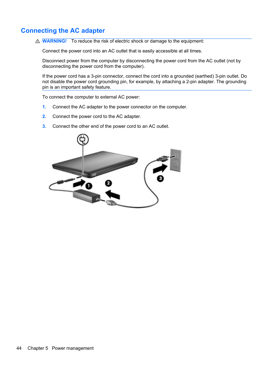 Connecting the ac adapter | HP Pavilion dv6-4051nr Entertainment Notebook PC User Manual | Page 50 / 107