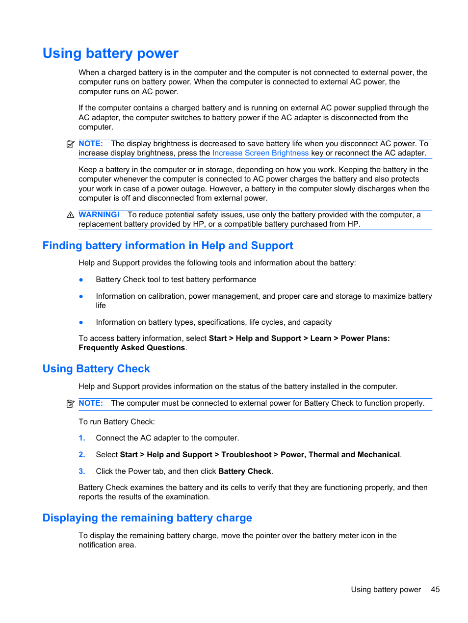 Using battery power, Finding battery information in help and support, Using battery check | Displaying the remaining battery charge | HP Pavilion dv6-4051nr Entertainment Notebook PC User Manual | Page 51 / 107