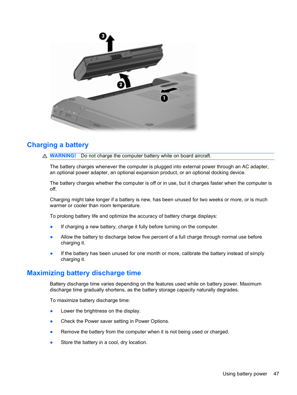 Charging a battery, Maximizing battery discharge time | HP Pavilion dv6-4051nr Entertainment Notebook PC User Manual | Page 53 / 107