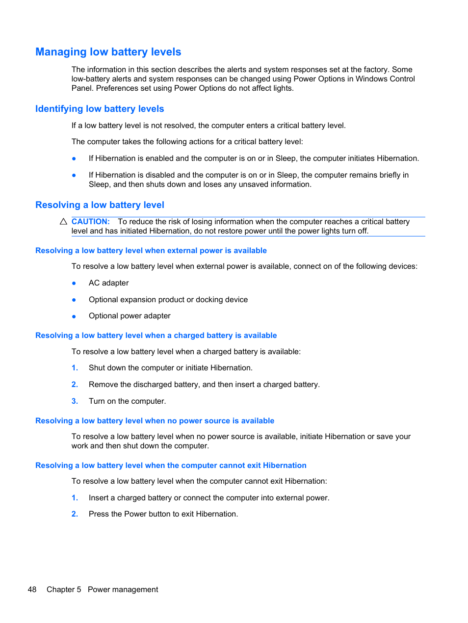 Managing low battery levels, Identifying low battery levels, Resolving a low battery level | HP Pavilion dv6-4051nr Entertainment Notebook PC User Manual | Page 54 / 107