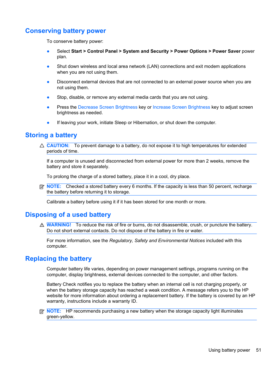 Conserving battery power, Storing a battery, Disposing of a used battery | Replacing the battery | HP Pavilion dv6-4051nr Entertainment Notebook PC User Manual | Page 57 / 107