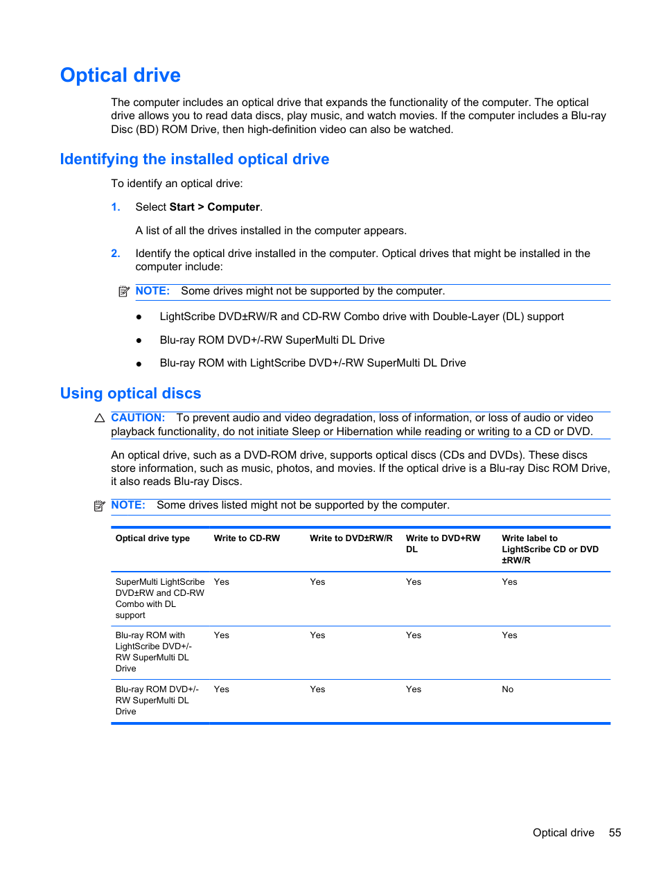 Optical drive, Identifying the installed optical drive, Using optical discs | HP Pavilion dv6-4051nr Entertainment Notebook PC User Manual | Page 61 / 107