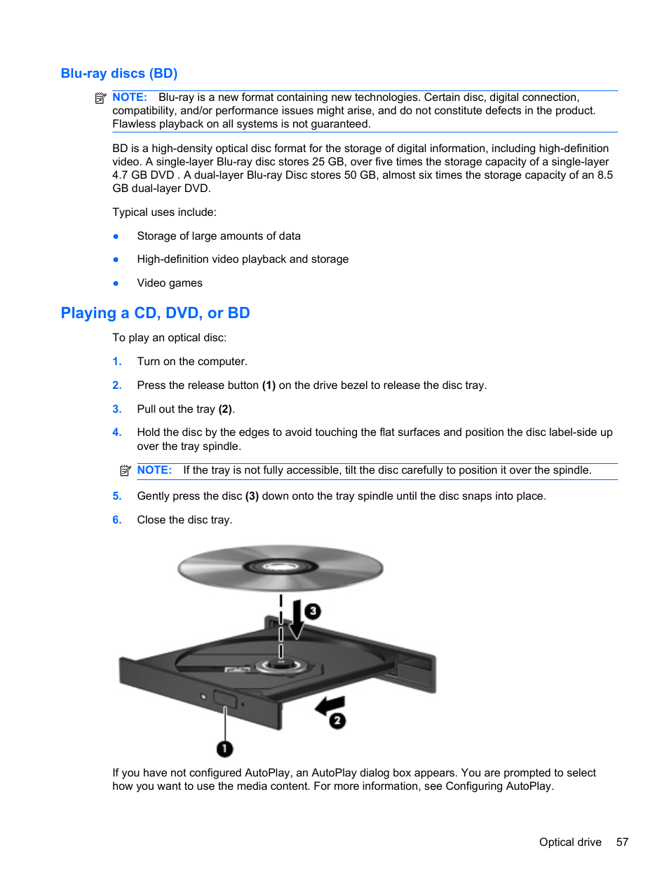 Blu-ray discs (bd), Playing a cd, dvd, or bd | HP Pavilion dv6-4051nr Entertainment Notebook PC User Manual | Page 63 / 107