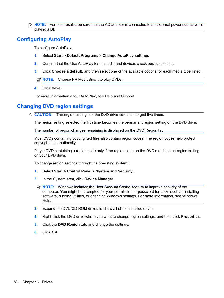 Configuring autoplay, Changing dvd region settings | HP Pavilion dv6-4051nr Entertainment Notebook PC User Manual | Page 64 / 107