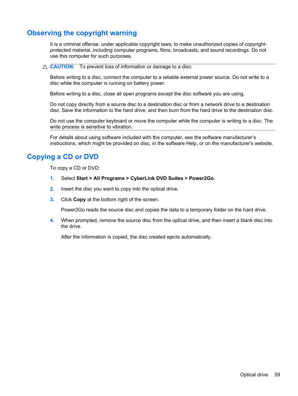 Observing the copyright warning, Copying a cd or dvd | HP Pavilion dv6-4051nr Entertainment Notebook PC User Manual | Page 65 / 107