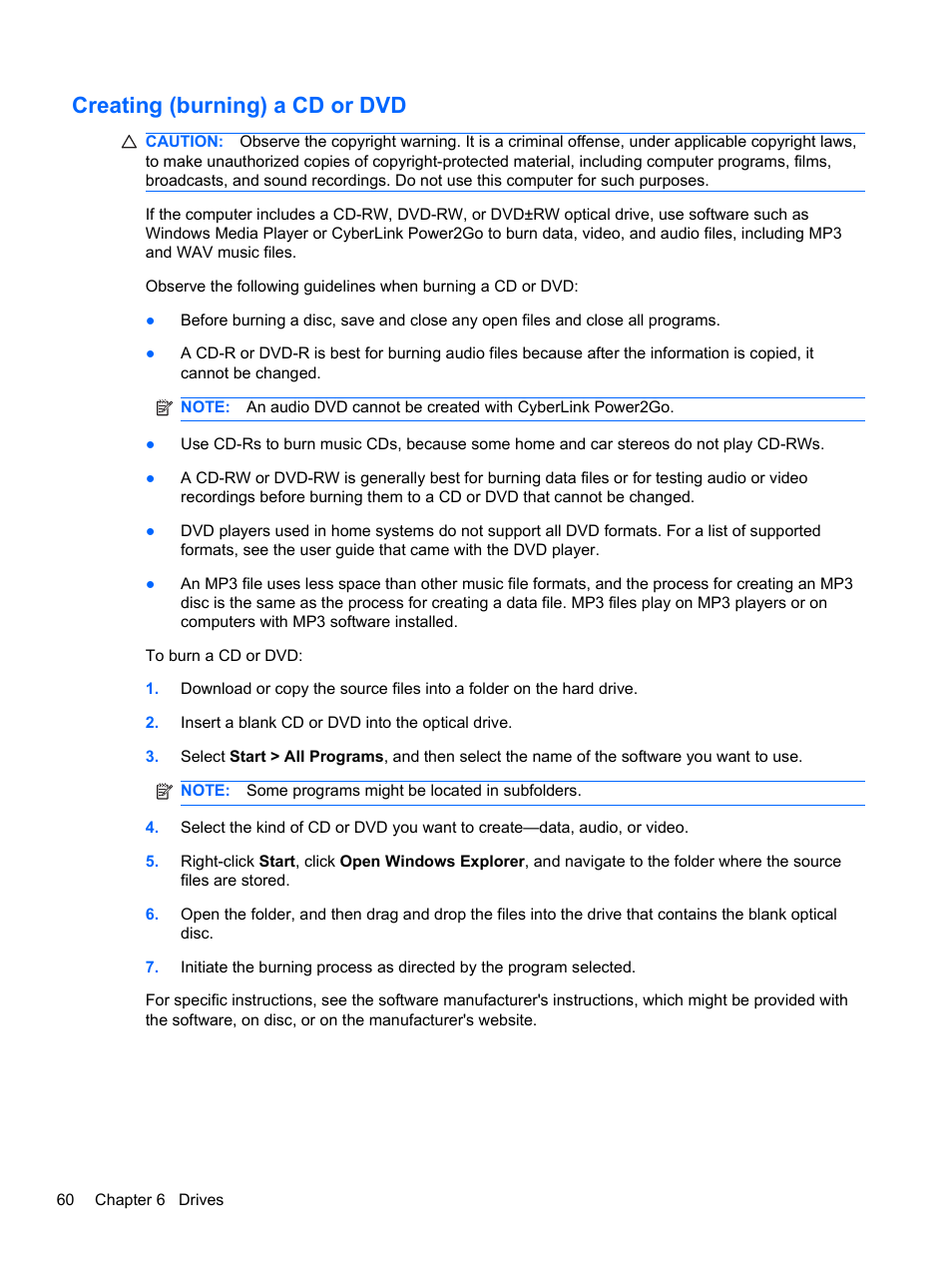 Creating (burning) a cd or dvd | HP Pavilion dv6-4051nr Entertainment Notebook PC User Manual | Page 66 / 107