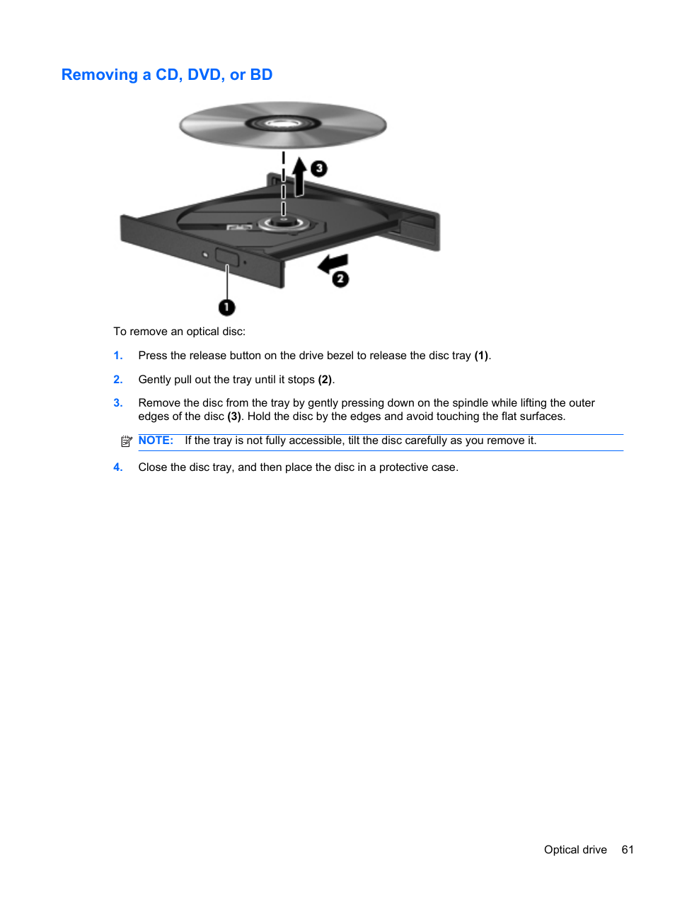 Removing a cd, dvd, or bd | HP Pavilion dv6-4051nr Entertainment Notebook PC User Manual | Page 67 / 107