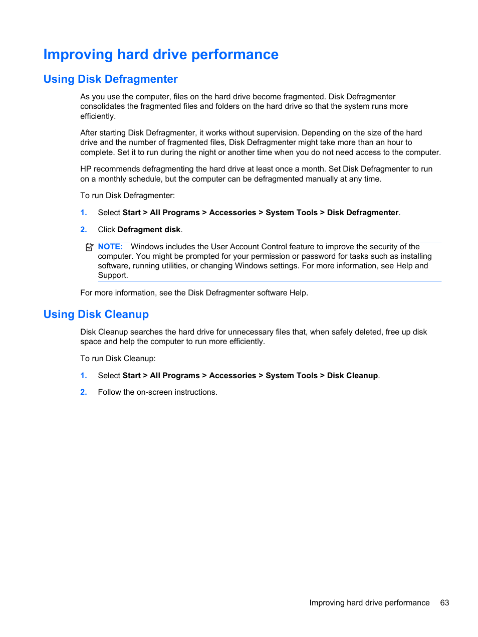 Improving hard drive performance, Using disk defragmenter, Using disk cleanup | HP Pavilion dv6-4051nr Entertainment Notebook PC User Manual | Page 69 / 107