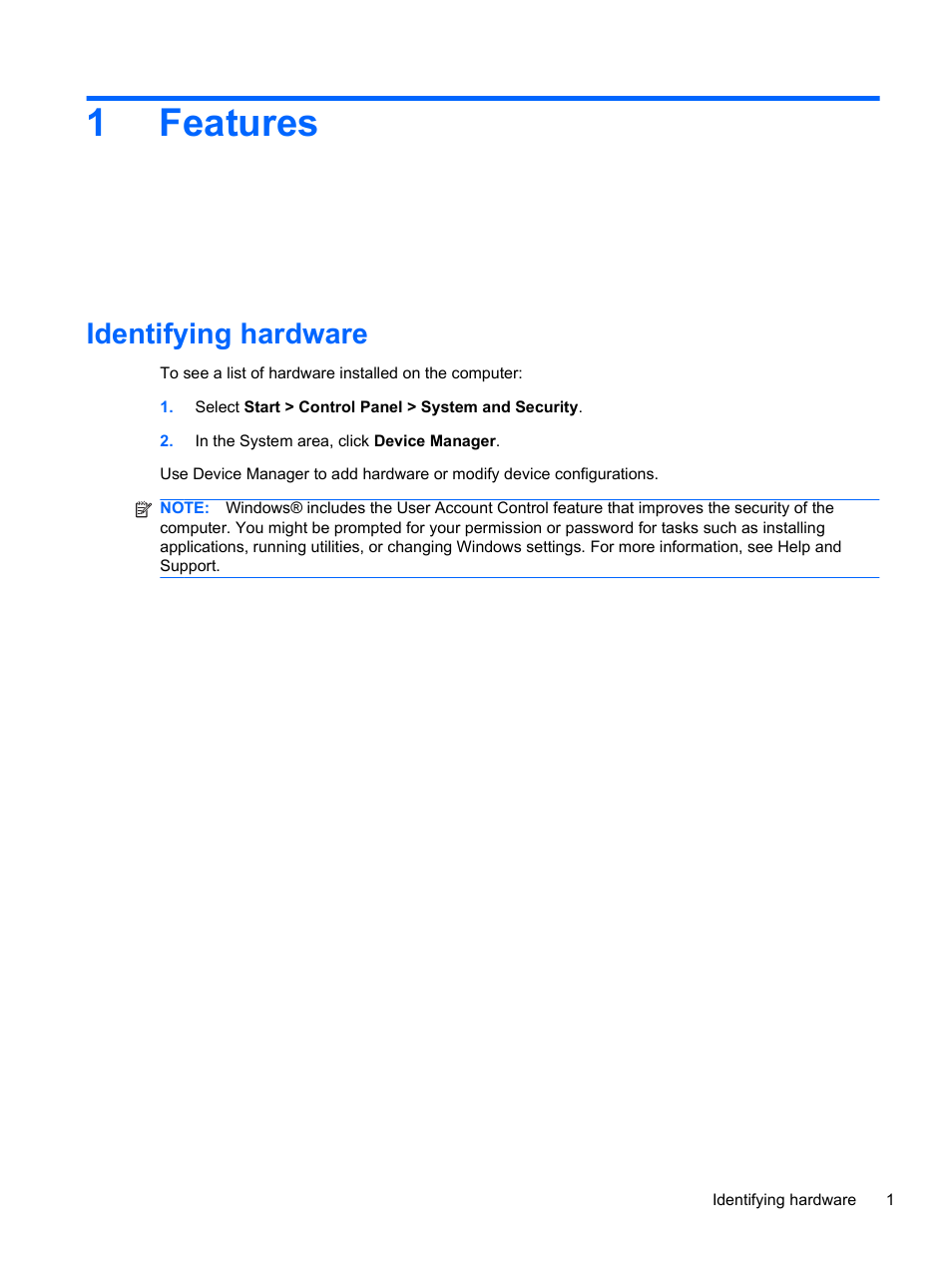 Features, Identifying hardware, 1features | HP Pavilion dv6-4051nr Entertainment Notebook PC User Manual | Page 7 / 107