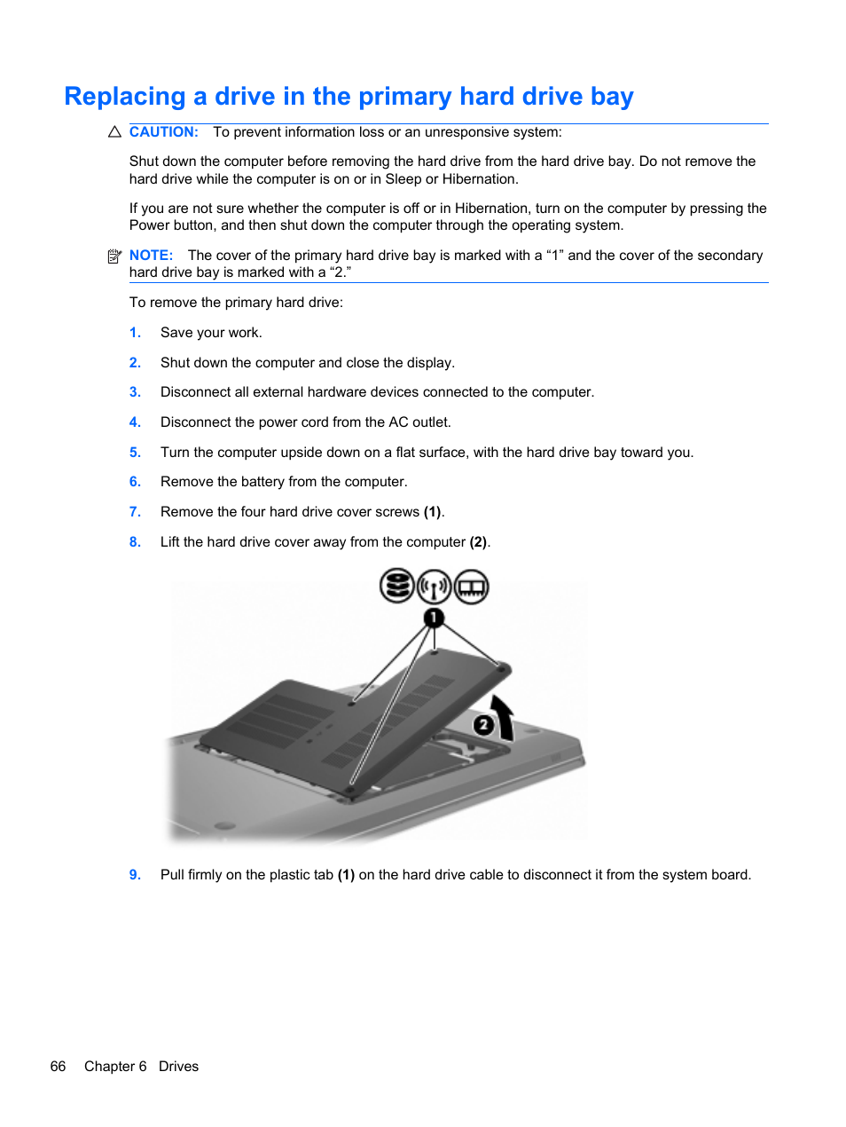 Replacing a drive in the primary hard drive bay | HP Pavilion dv6-4051nr Entertainment Notebook PC User Manual | Page 72 / 107